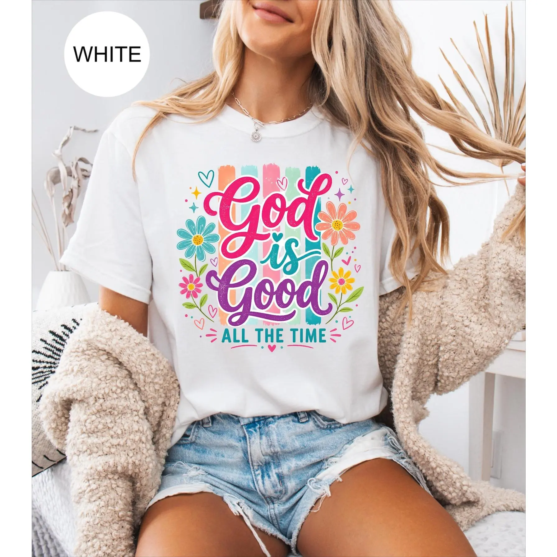 100% Non-Washed Cotton Unisex Round Neck Tee God Is Good All The Time Color Daisy Rainbow Stripe Graphic Loose Casual Tee Great For Church Daily Wear Perfect Holiday Birthday Gift For Christian Women