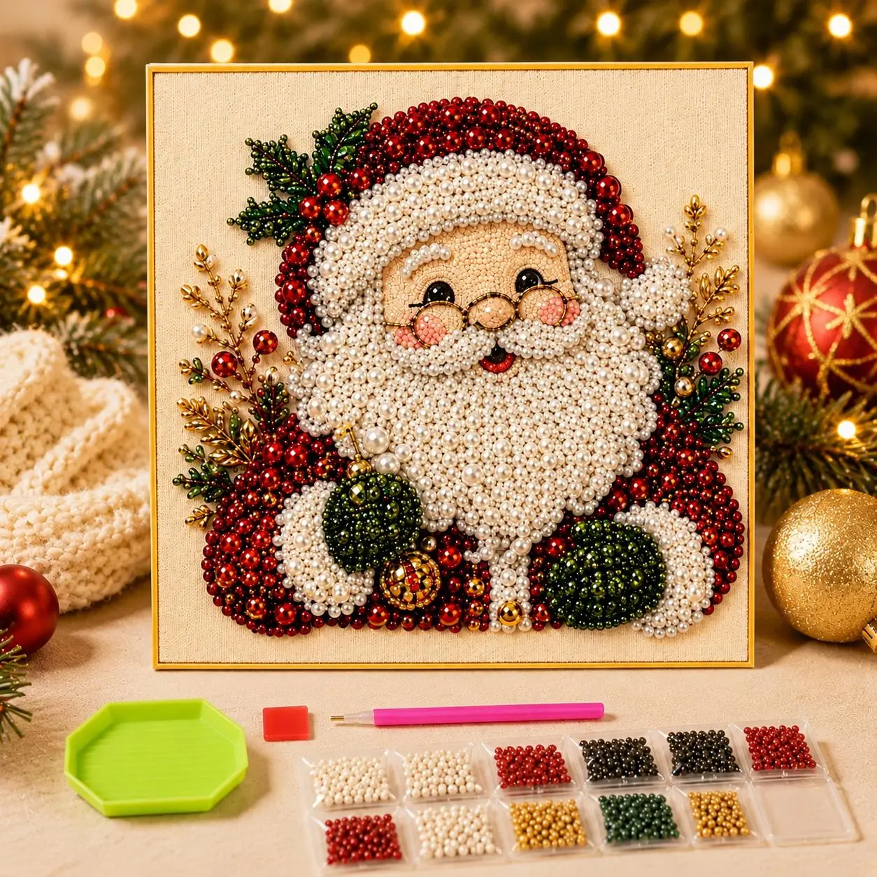 Frameless 3D Beaded Christmas Pearl Diamond Painting, Xmas Wreath Stocking Mosaic Art, Stress Relief DIY Home Wall Decoration