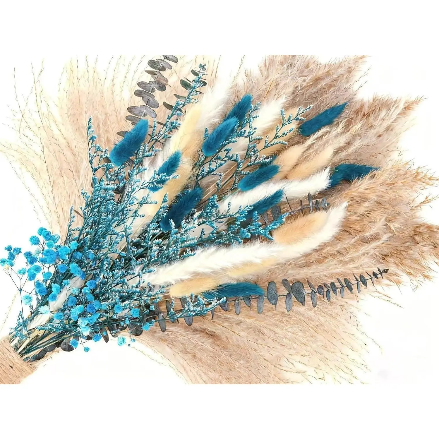 Blue Pampas Grass Bouquet – Blue Dried Baby's Breath, Pampas Grass and Eucalyptus Stems, Dried Flower Arrangements for Boho Decor, Rustic Flowers for Home Decor, Bedroom, and Wedding, Table Decor