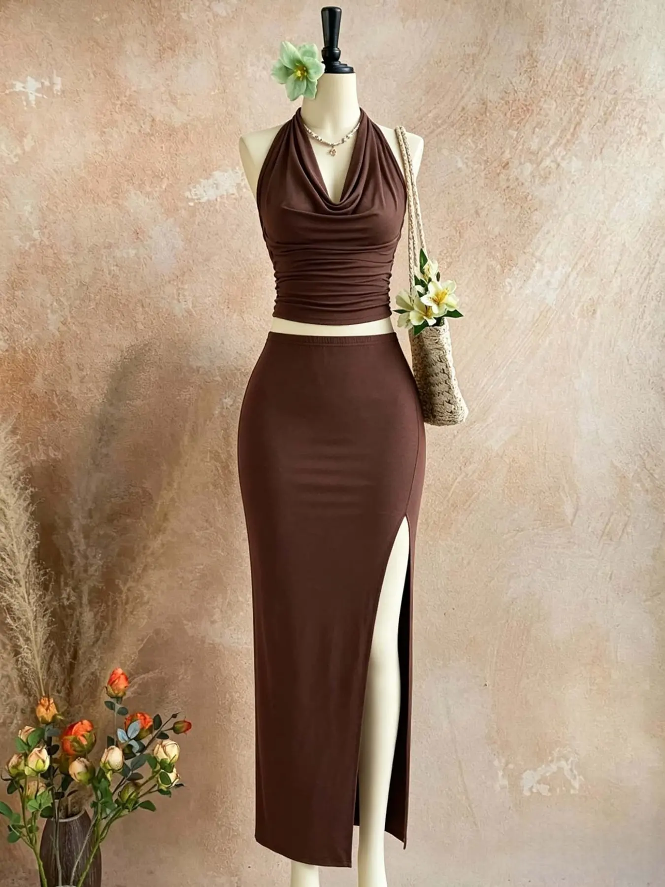Pure Desire Style High-Waisted Split Thigh Elastic Waist Knitting Bodycon Midi Skirt Slimming Set, Sleeveless Short Top with Neckline Design