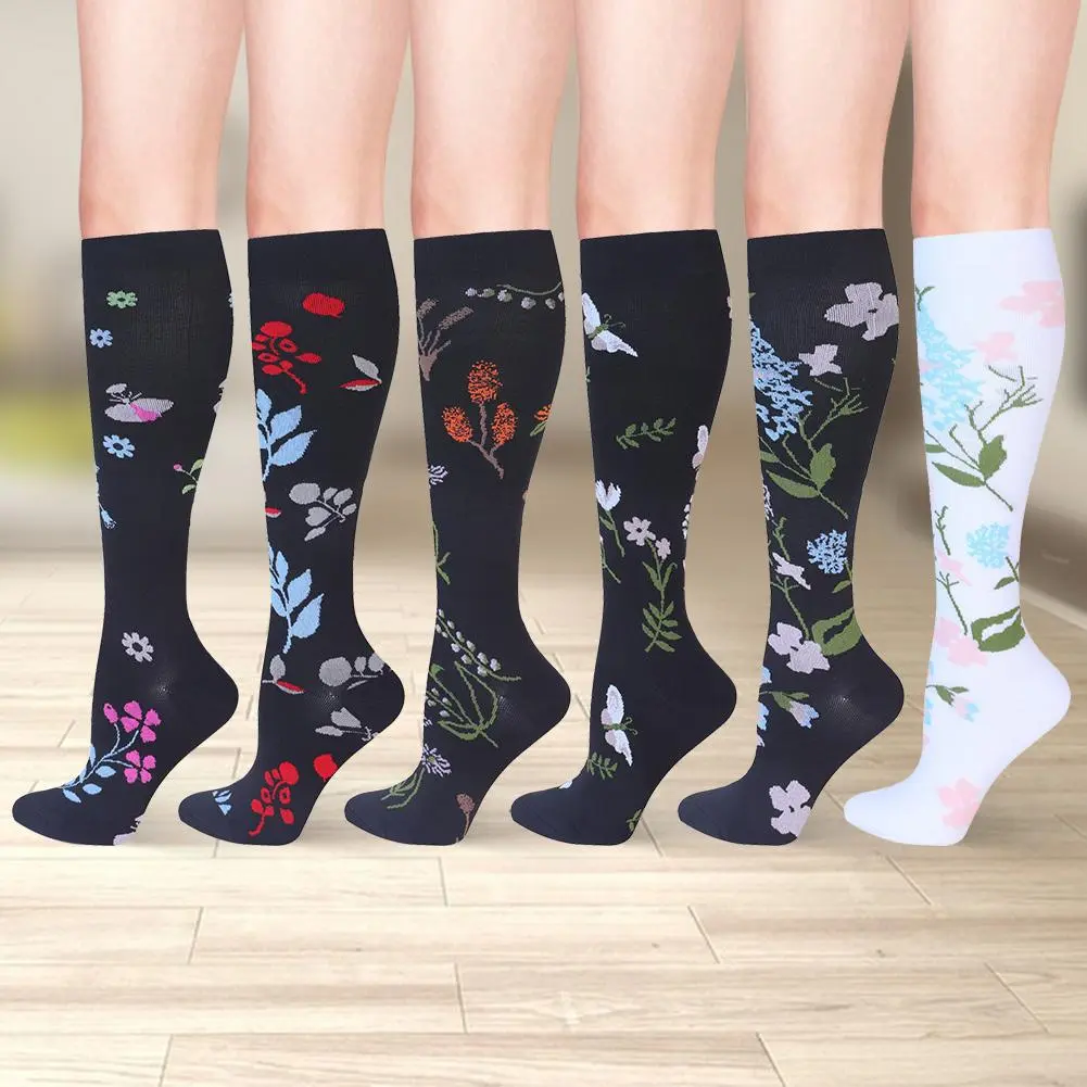 3 Pairs Floral Printed Compression Socks for Women & Men, Moisture Wicking Knee High Gradient Pressure Support Socks, Non-Slip Arch Support Athletic Compression Stockings for Running Cycling Travel Nurses