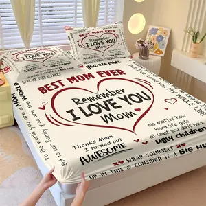 Warm Message to Mother Fitted Sheet Set & 2 Coreless Pillowcases-Off-White Base with Red Heart & Handwritten-Style Text-Comfortable Non-Slip Mattress Protector-Minimalist Cozy Bedroom Decor-Gift for Mom