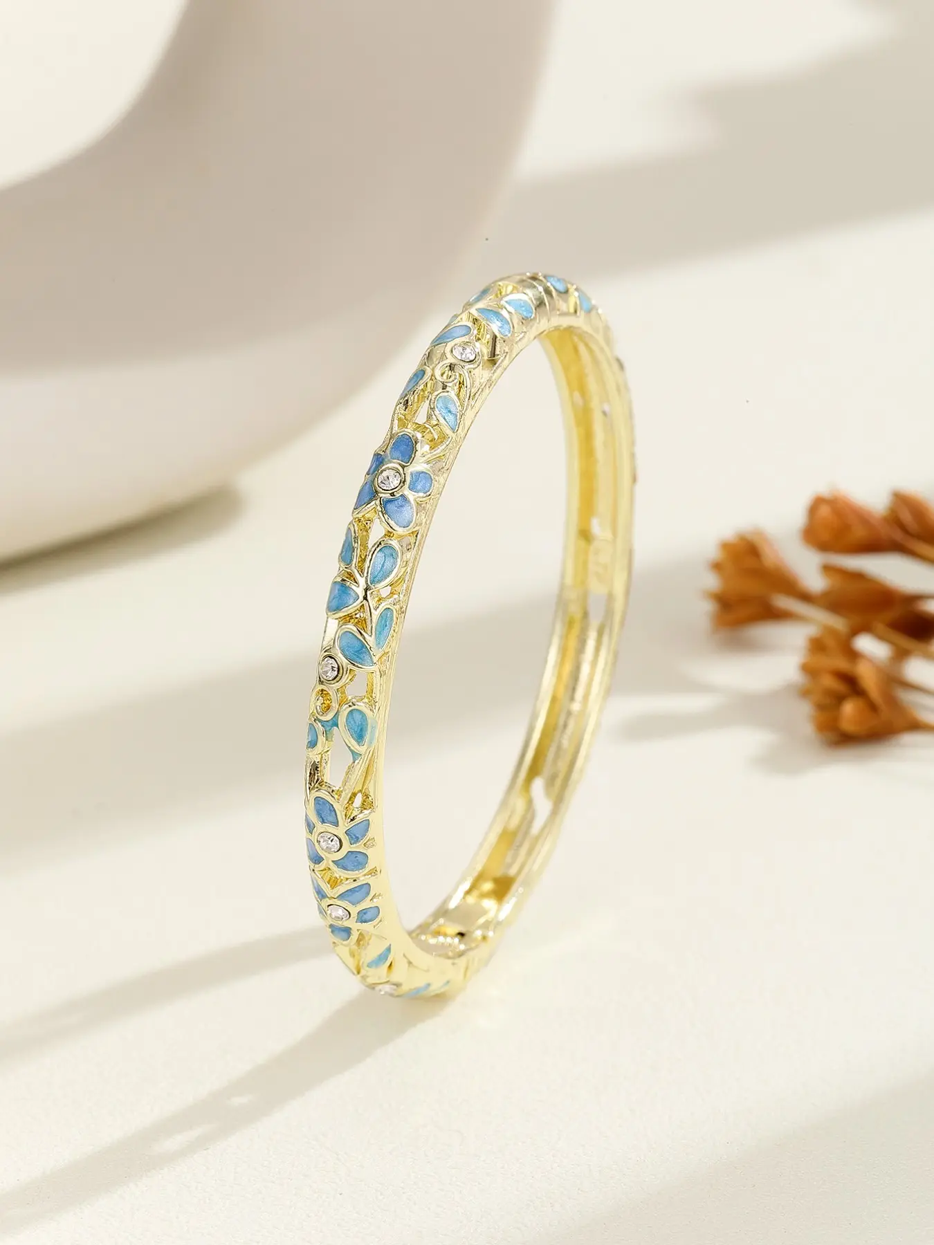 Cloisonné Style Floral Enamel Bangle Bracelet for Women, Gold Plated Hollow Flower Cuff with Sparkling Rhinestones, Colorful Jewelry Gift, Stackable Wrist Accessory, Gold Plated Bangles