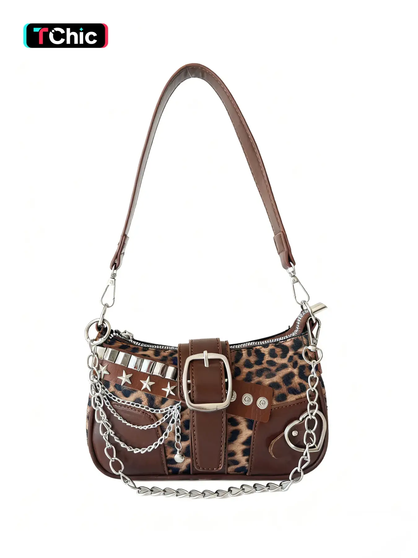 Women PU Leather Hobo Embellished Shoulder Bag, Casual Fashion Bag, Retro Colorblock Crescent Shape, Decorative Chain Design, Y2K Style, Fashion Trendy