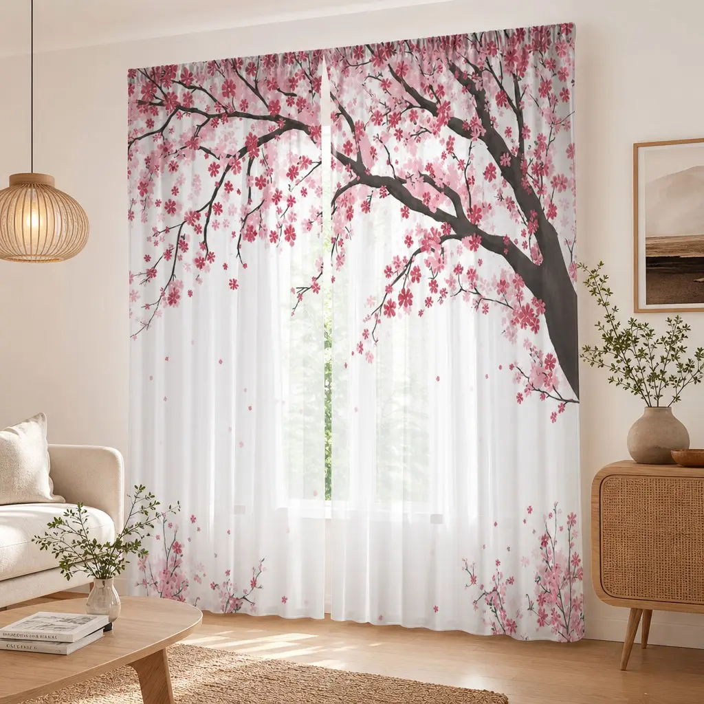 2-Pack Cherry Blossom Theme Floral Sheer Curtains, Rod Pocket Design, Polyester Voile, Natural Inspiration Home Decor, Living Room & Bedroom
