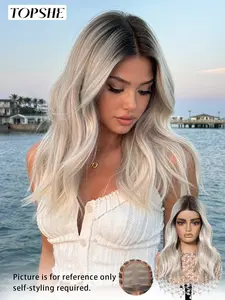Topshe Viral HD Skin Melt Mono Lace Front Wig, Dark Root Ombre Cool Platinum Silver Soft Loose Water Wave Mid Length Curly Wig, Hand Tied Breathable Mono Top Realistic Scalp, Wear & Go Glueless No Bleach, Silky Tangle Free Heat Resistant Synthetic Ha