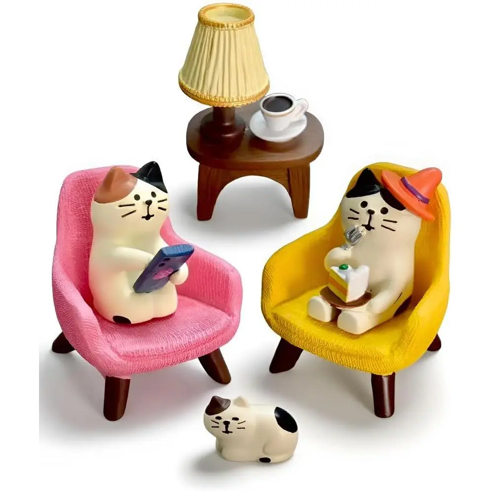 Miniature Cat Figurines Set – 6-Piece Resin Desk Decor with Sofa & Lamp,Cat Statues for Office Shelf Home, Gift for Cat Lovers (CAT)