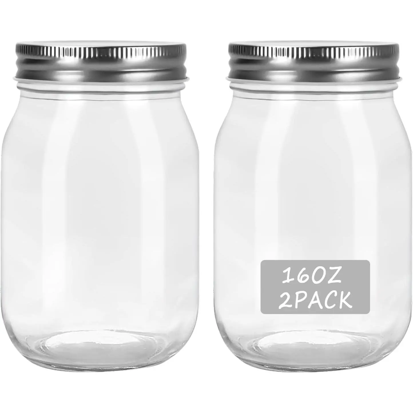 Regular Mouth Mason Jars, 2 count 16oz Clear Glass Jars with  | Leakproof&Odor Resistant, Canning  Storage, Container Jar For Overnight Oats, Dry , Snacks, Candies, Jam, Honey