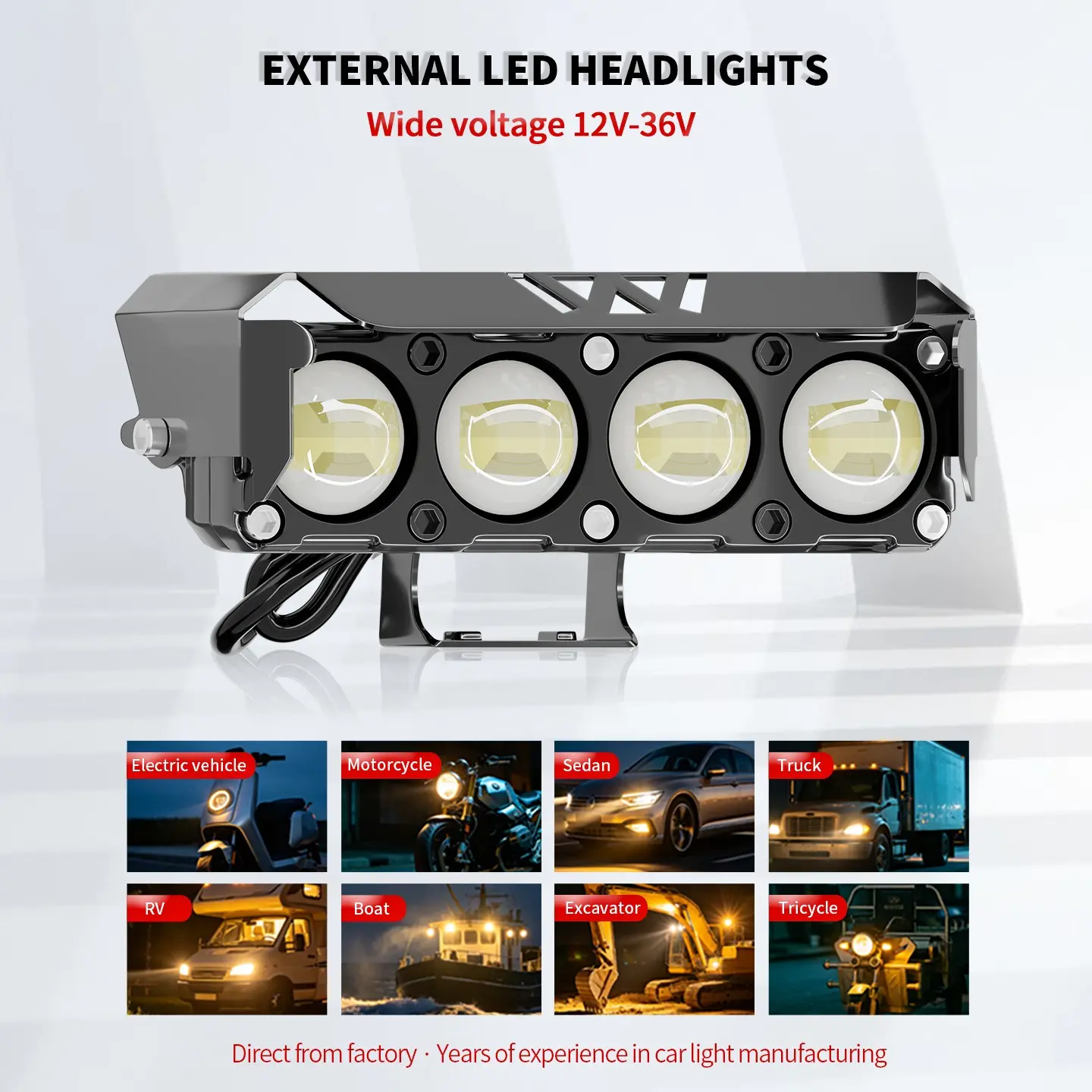 Motorcycle Headlight Kit, 4 Lens LED Housing, 12V-36v Input, High/low Beam, Road Legal, Aluminum Alloy & Abs Material, LED Headlamp