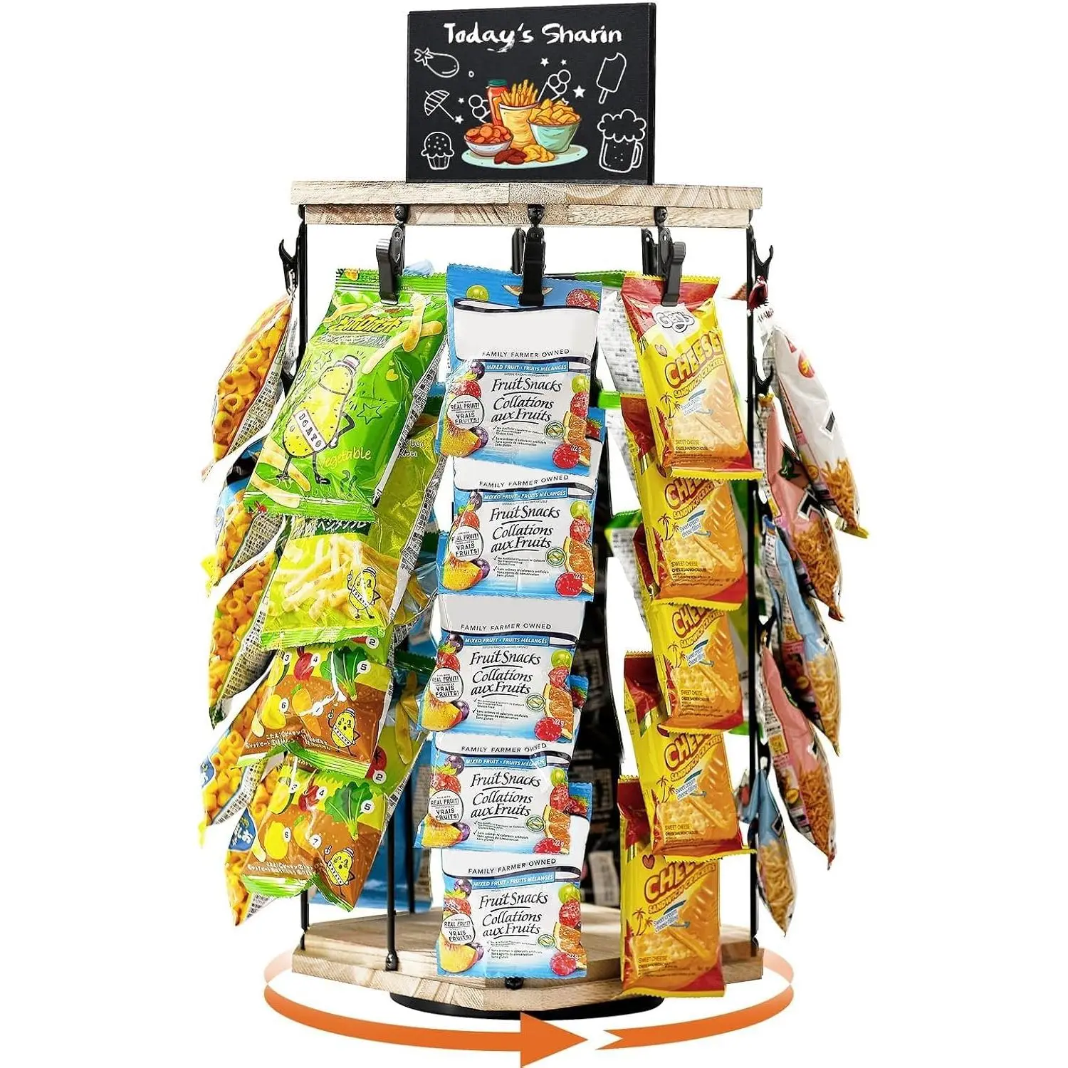 Chip Rack Display Stand, 5-Tier 360° Rotating with 40 Clips | Wooden Base Chip Holder Candy Display for Concession Stand, Countertop, Party, with Message Board