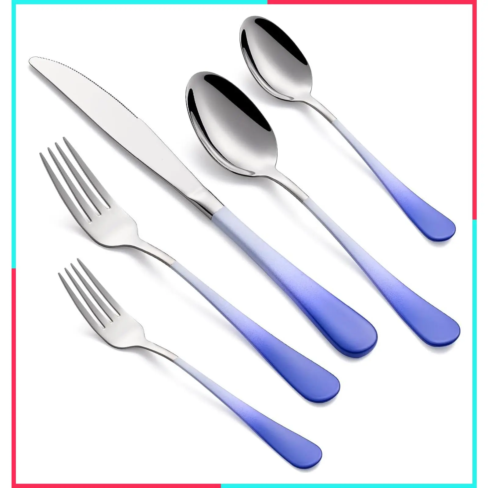 20-Piece White and Blue Silverware Set for 4, 18/0 Stainless Steel Flatware Cutlery Utensils Set, Includes Dinner Knives, Forks, Spoons, Salad Forks, Teaspoons, Dishwasher Safe