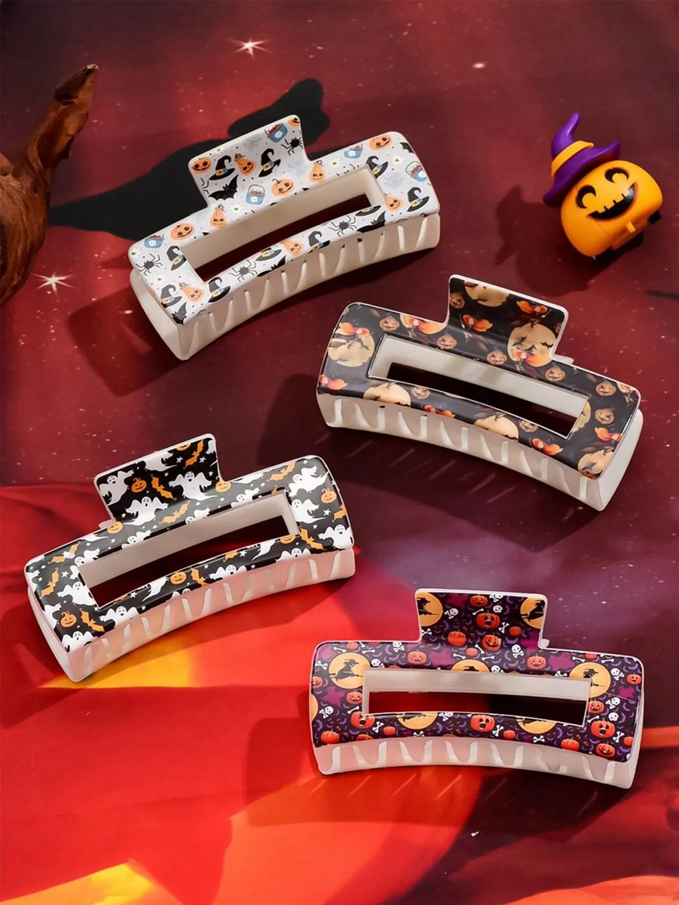 2026 New Arrival Halloween Limited Edition, Halloween Theme Hair Clips, Unique Acetic Acid Cartoon Print Hair Claw, Claw Clip Pack, Party Style Square Skull Ghost Shark Hair Clip Decorations, Trick or Treat, Horror & Thriller, Dark Gothic Style