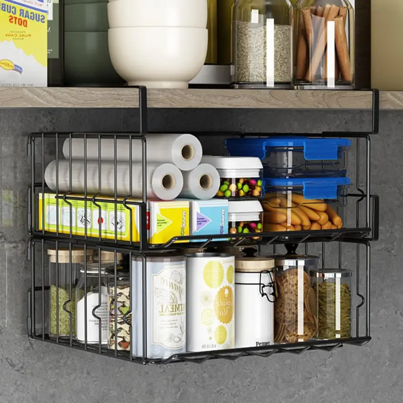 2 Pack Hangable Compact Black Iron Foldable Under Cabinet Storage Baskets, No-Drilling Practical Hanging Under Shelf Organizer Rack for Kitchen Pantry, Bookcase