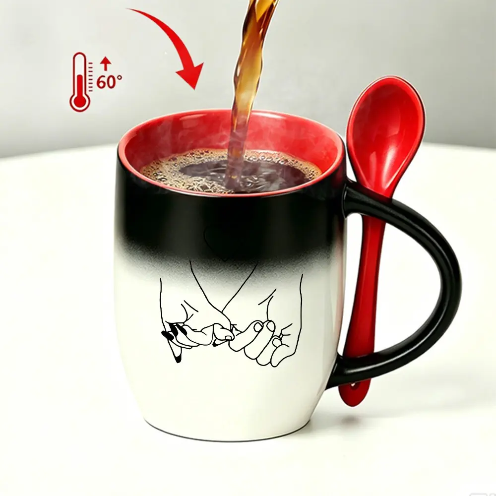 11oz Premium Ceramic Heat Sensitive Color Changing Novelty Coffee Mug With Red Spoon, Hand In Hand Heart Magic Reveal Cup, Birthday & Graduation & Couple Gift