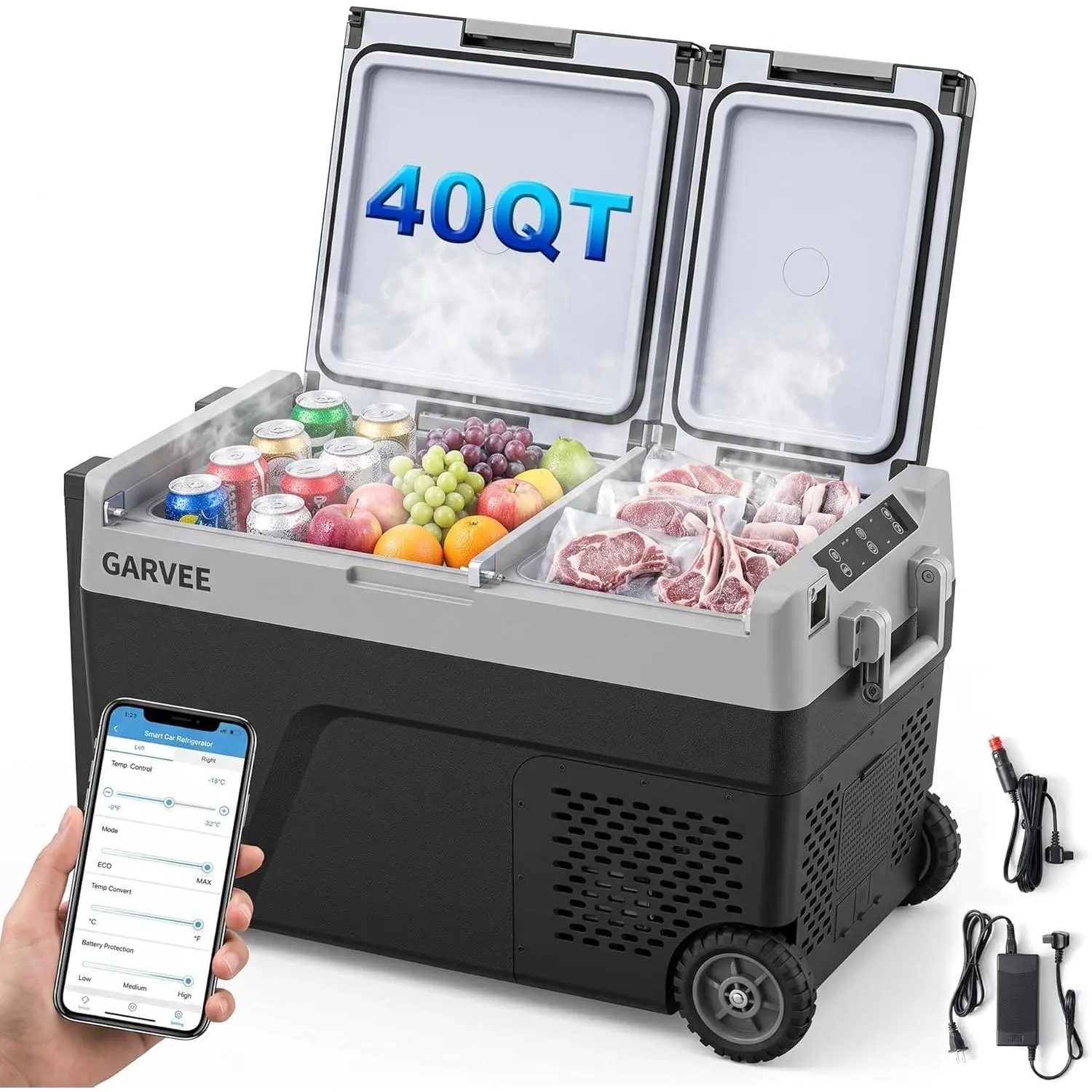 Dual Zone 62QT 12V Car Refrigerator Freezer with APP Control and Wheels, 58L Portable Electric Compressor Cooler for Truck RV Camping Travel AC DC Powered Black