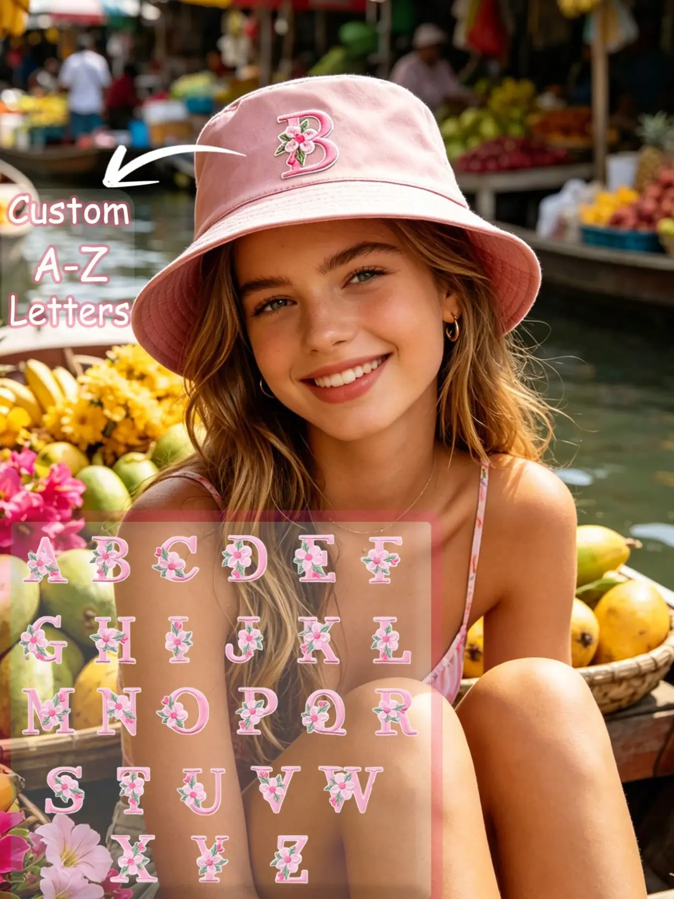 1PC Pink Custom Full A-Z Letter Bucket Hat, Unisex Vintage Fisherman Cap, Lightweight Travel Sun Hat, Outdoor Sun Hat, Headwear for Beach Camping Trips Daily Street Outfits, Ideal Gift Couples, Best Friends & Family on Birthdays and Anniversaries