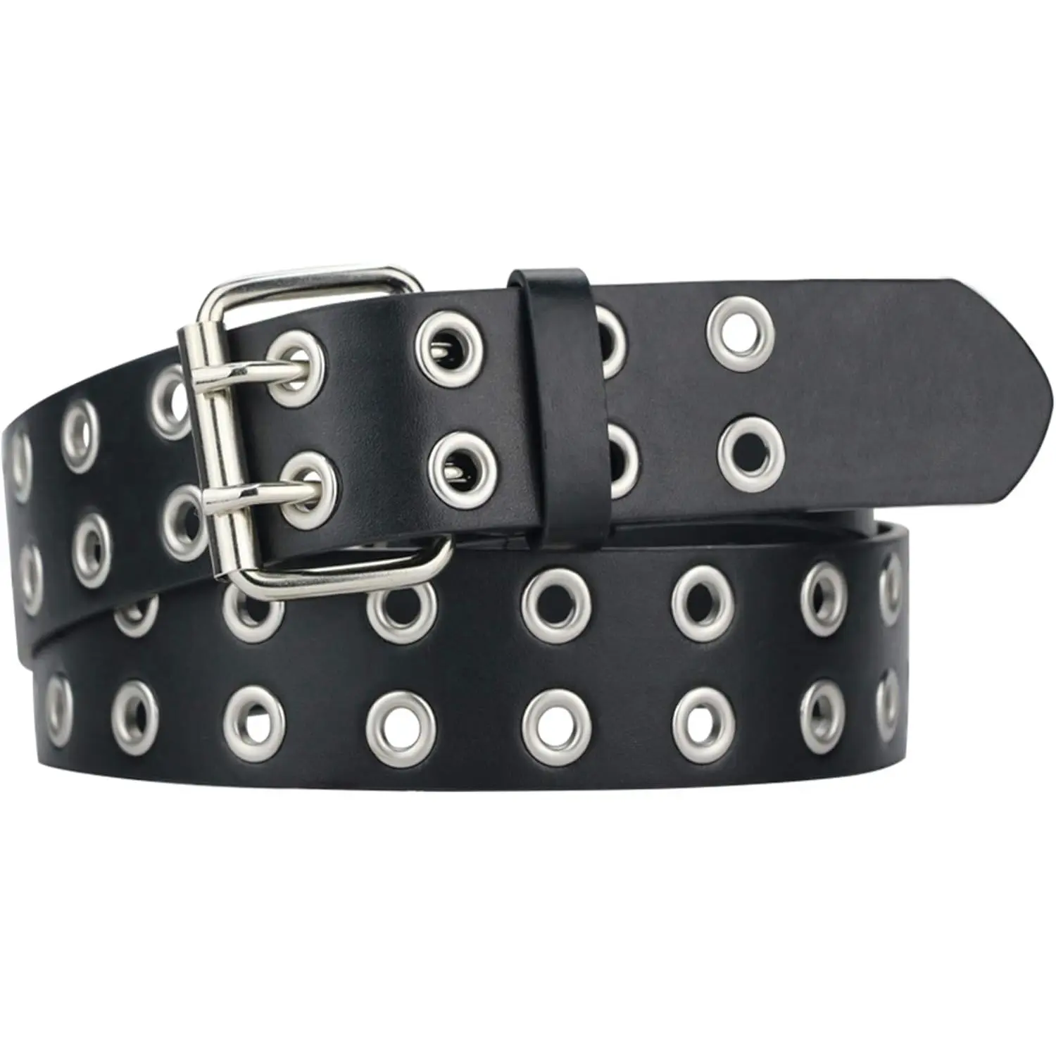 Grommet Leather Belts for Women, Black Belt Women Men with Double Holes