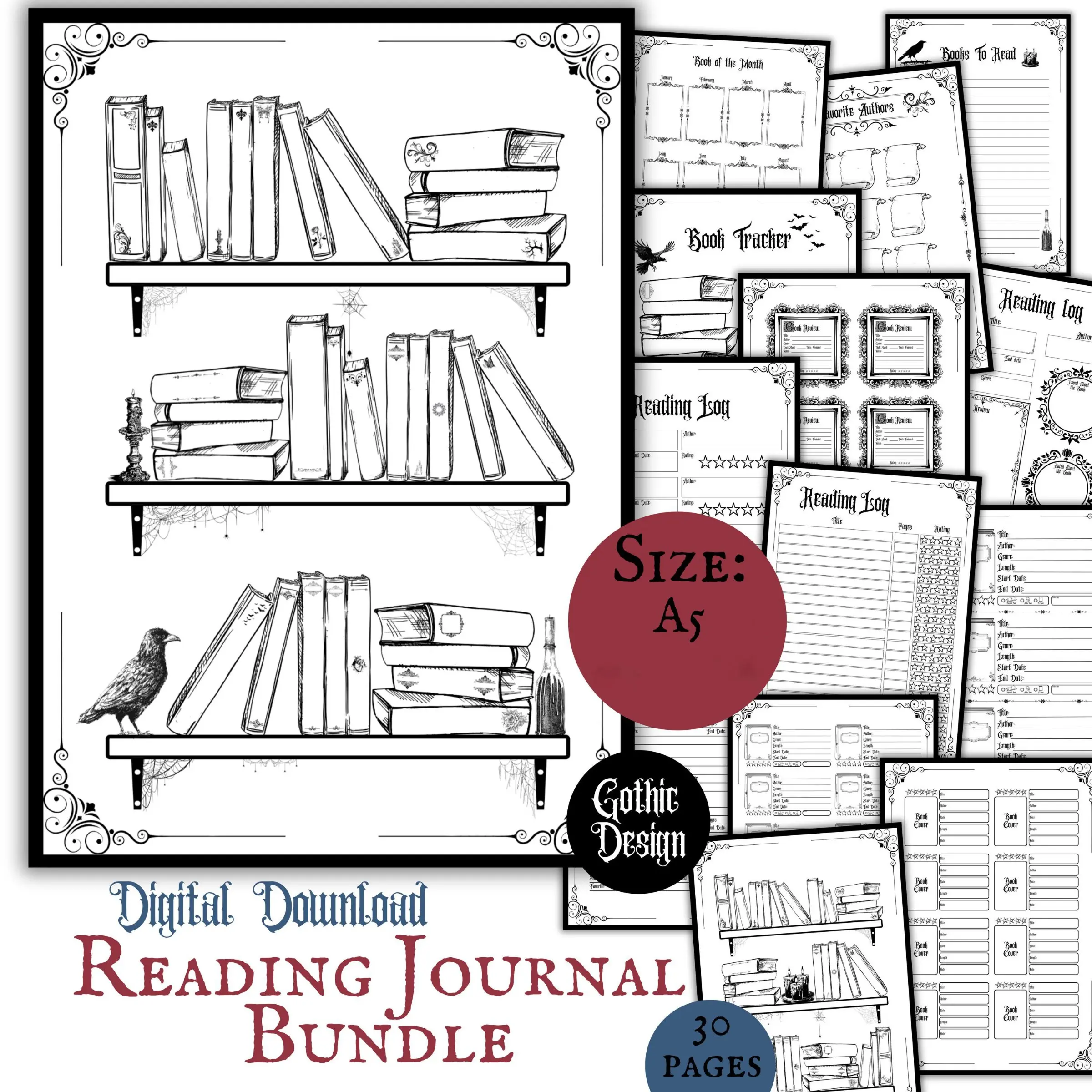 Gothic Reading Journal Bundle, Book Tracker, Reading List, Review Pages, Bookshelf Log, Dark Aesthetic Planner for Adult Readers