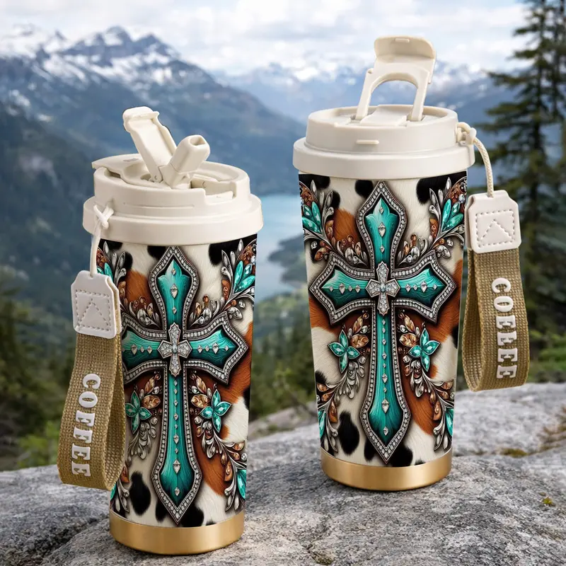Western Cow Print Turquoise Cross Tumbler 18oz Insulated Stainless Steel Travel Mug with Lid and Straw Hot 12H Cold 24H Country Southern Faith Gift for Cowgirls Women Rodeo Fans Texas Style