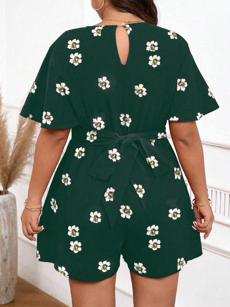 【Plus Size】 Floral Print Rompers, Womenswear Casual Fashion Short Sleeve Romper for Daily Outdoor Wear, Women's Plus Clothing for All Seasons