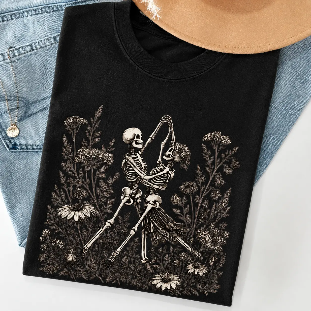 Skeleton Couple Dancing Shirt, Linocut Skeleton Lovers Tee, Gothic Romance Shirt, Cottagecore Halloween Tee, Vintage Botanical Floral Tshirt