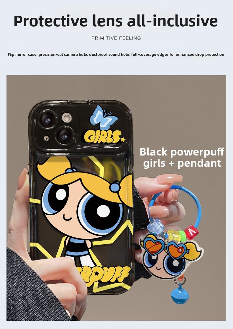 Powerpuff Girls Pendant Phone Case For iPhone 17 Pro Max 16 15 Plus 14 13 Pro Lens Flip Mirror Silicone Shockproof and Drop-Proof Protective Cover