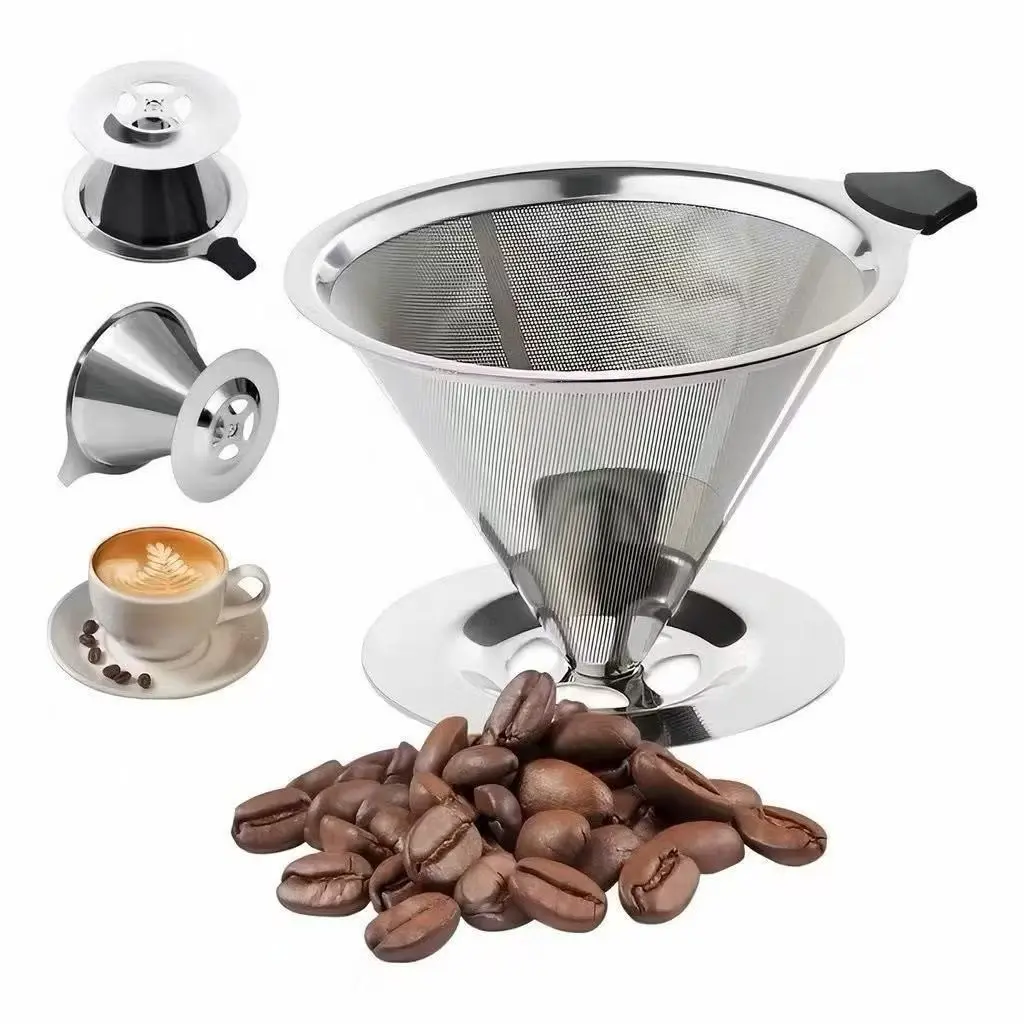 Reusable Stainless Steel Coffee Filter, Double Mesh Pour over Dripper, Paperless Cone Coffee Strainer, Fits Most Coffee Cups, Kitchenware