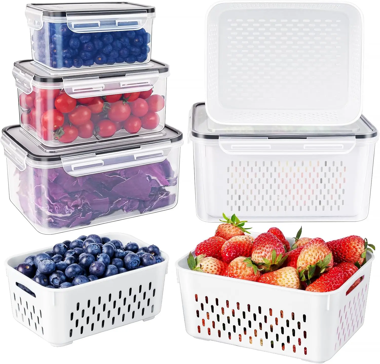 Fruit Storage Containers for Fridge with Removable Colander, Airtight Food Storage Container, Dishwasher Safe Produce Saver for Refrigerator, Keep Berry Fruit Fresh Longer 5 pcs Clear organization kitchen storage box basket