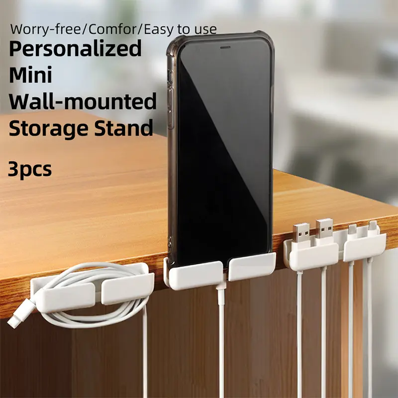 3pcs Wall-Mounted Cable Organizer, Phone Stand Hook, Desktop Data Cable Holder, Earphone Wire Management, No Trace Design