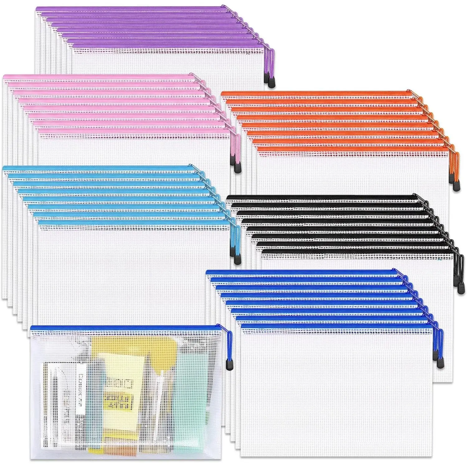48-Count A3 Mesh Zipper File Pouches in 6 Assorted Colors, Transparent Waterproof PVC Document Storage Organizers 16.9 x 11.6 Inches, Multipurpose Storage Bags for School & Office Use