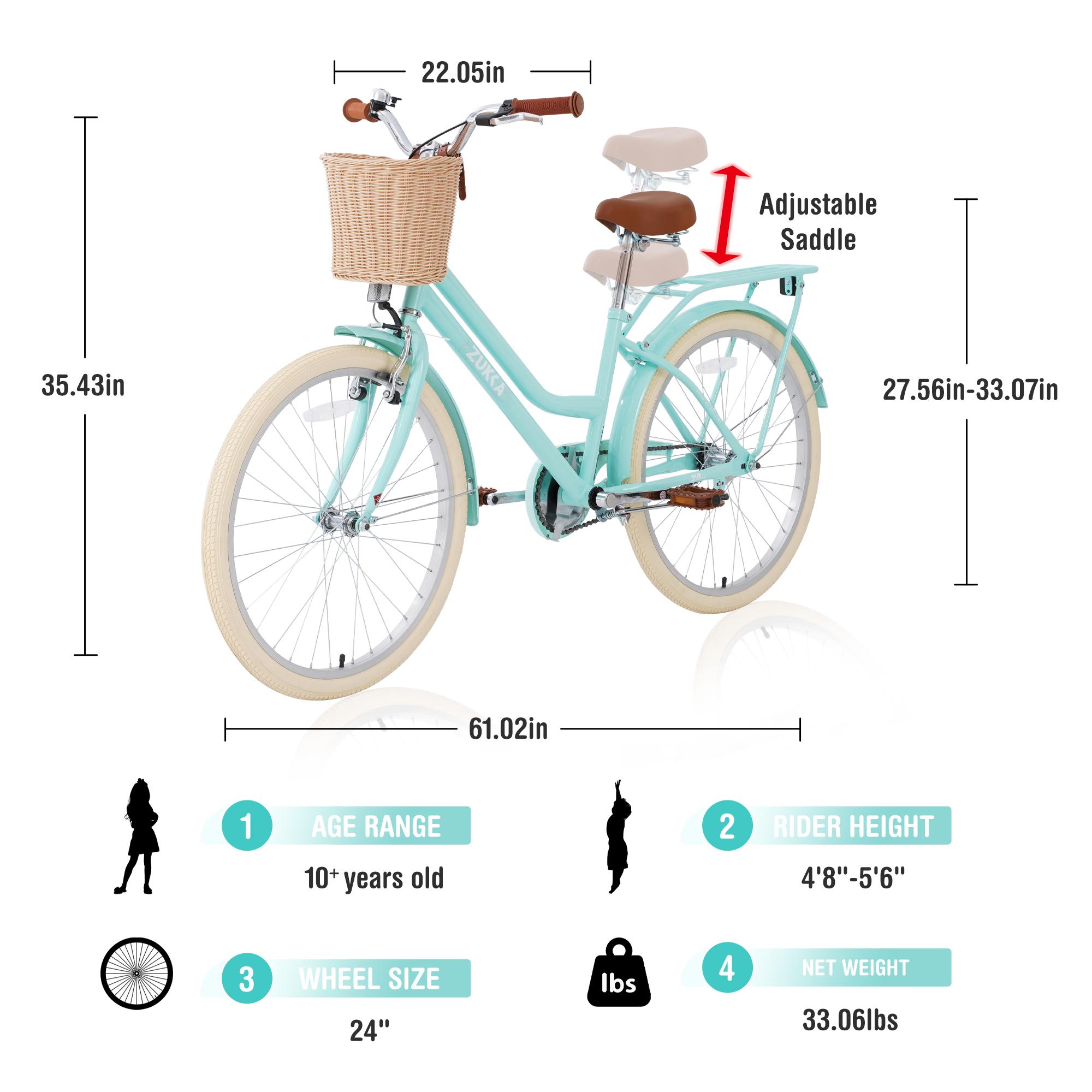 24 Inch Girls Bike for 10+ Years Old Sturdy Steel Frame Adjustable Saddle & Grips Anti-skid Tires GCC Standards Full-coverage Chain Guard Front V & Rear Coaster Brakes