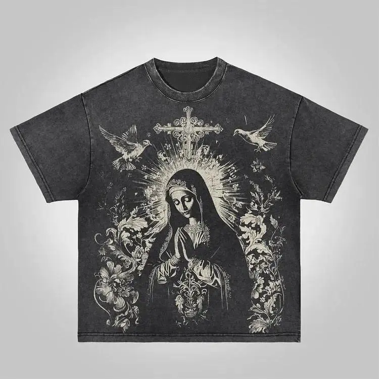 Women's Virgin Mary Praying Casual Short-Sleeve Round Neck T-Shirt - Oversized Vintage Washed Acid Wash Baggy Loose Religious Graphic Tee, Unisex Retro Streetwear Faded Top, Vintage T Shirts, Oversized Vintage Acid Wash Women's T-Shirts