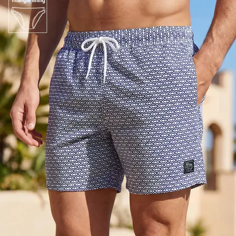 Men's Regular Fit Printed Beach Shorts, Casual Comfy Breathable Shorts for Summer, Men's Bottoms for Beach Vacation, men's swim trunks, Seersucker fabric Beach Shorts, Swimwear Shorts, Drawstring Swim Shorts, Pockets Swimming Shorts