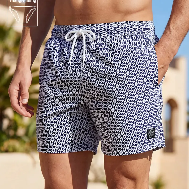 Men's Regular Fit Printed Beach Shorts, Casual Comfy Breathable Shorts for Summer, Men's Bottoms for Beach Vacation, men's swim trunks, Seersucker fabric Beach Shorts, Swimwear Shorts, Drawstring Swim Shorts, Pockets Swimming Shorts