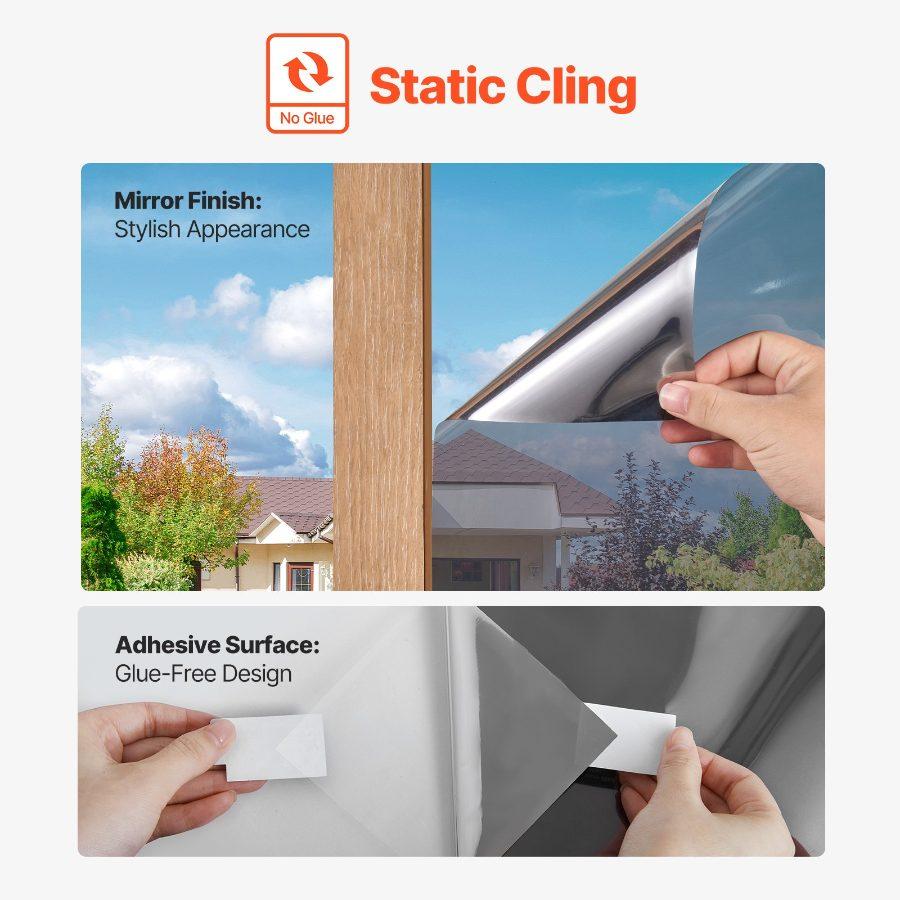 VEVOR Window Privacy Film, One Way Window Tint, Daytime Mirror Reflective Heat Control Glass, Static Cling Sun Blocking See out Not in Window Film for Home and Office, Black-Silver, 35.4 inx 13.1 ft