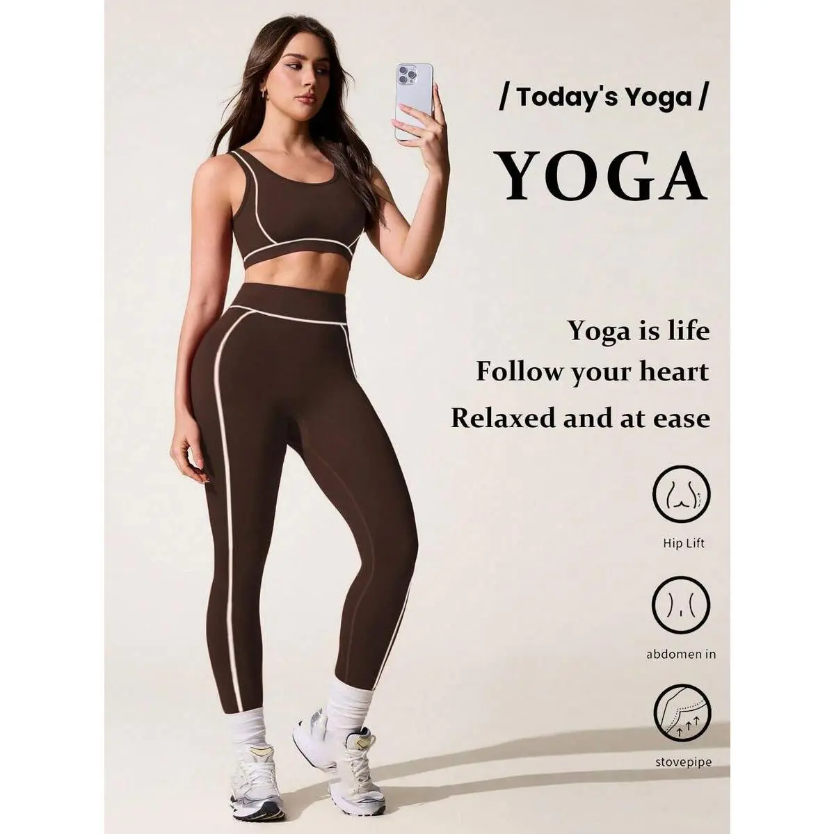 Women's 2-Piece Brown Checkered Seamless Workout Set - Halter Neck Crop Top, Scrunch Butt Leggings with White Stripes, Athleisure Fitness Yoga Activewear for Autumn Daily Gym Use (Insulated Fabric), Workout Sets Women, Seamless Fabric