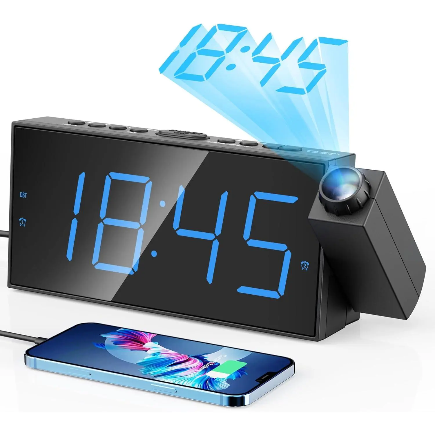 Projection Alarm Clock with Dual Alarms, 5 Dimmer| 180° Rotatable Projector,12/24H & DST, Large LED, Snooze, with Battery Backup, Loud Alarm Perfect for Sleepers