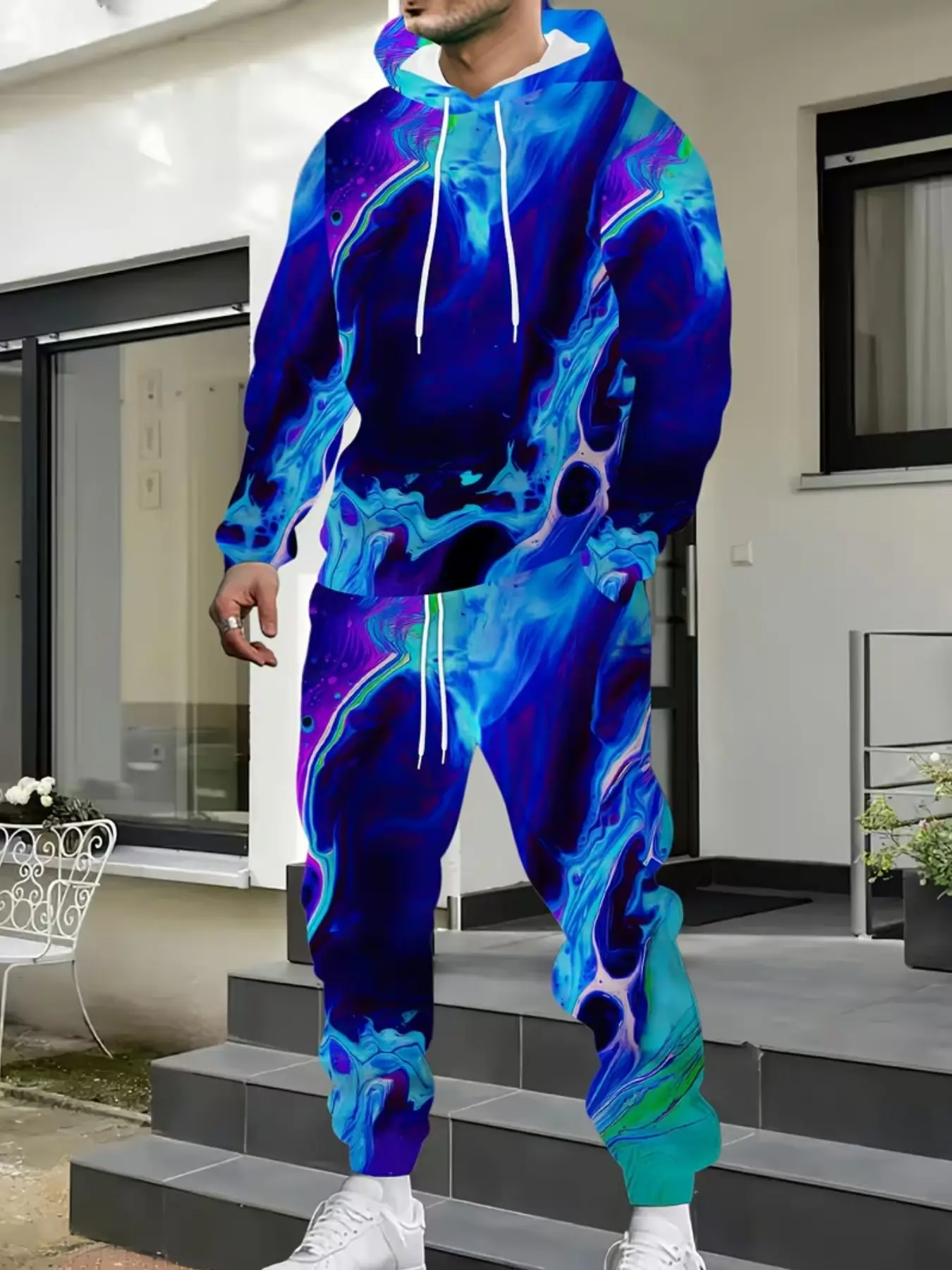 Men's Hoodie Set with Geometric Print, Loose-Fitting Long Sleeve Sweatshirt and Pants, Casual Streetwear for All Seasons Menswear