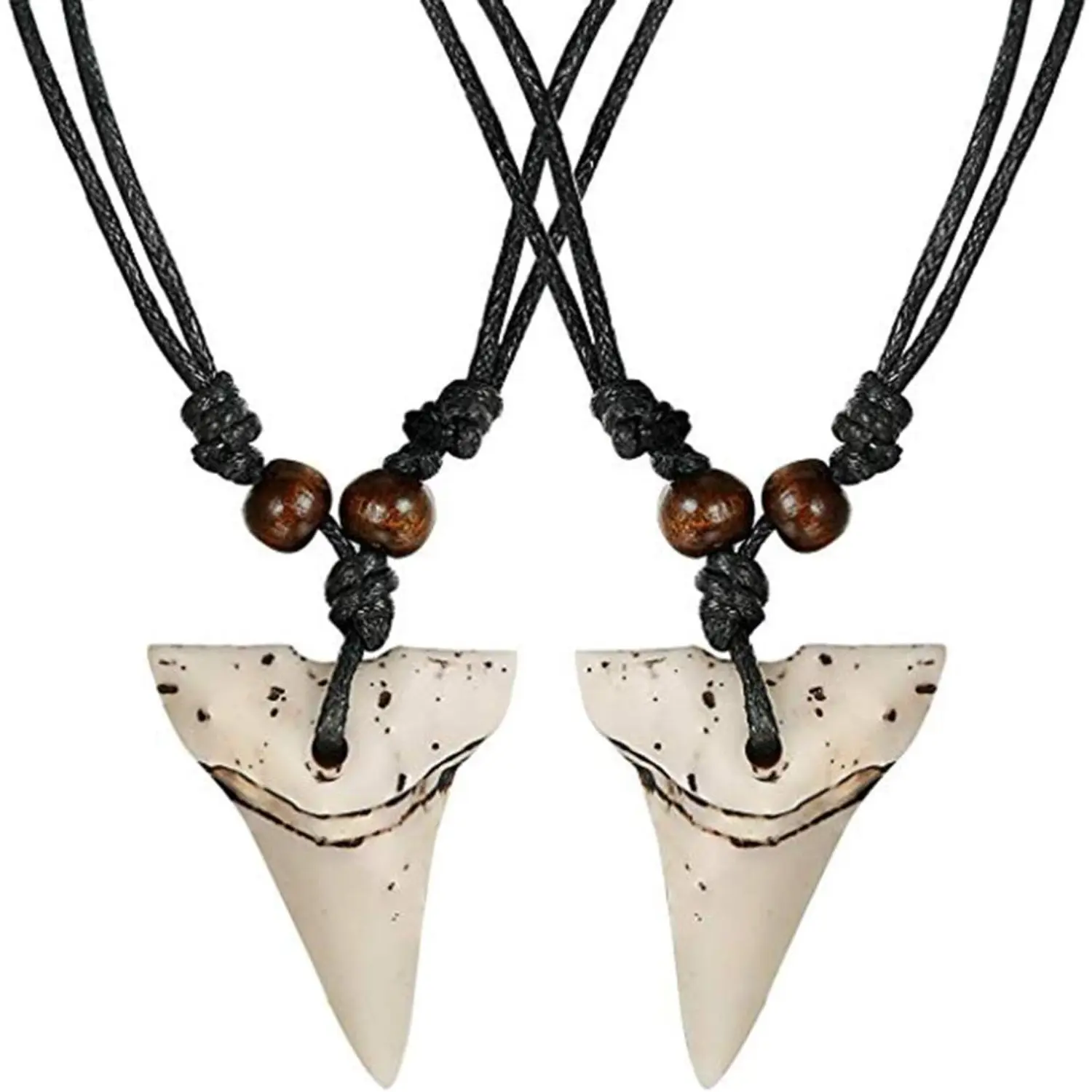 2 Pcs Handmade Shark Tooth Necklace Set for Men, Adjustable Cotton Cord Pendant Necklace Boho Surf Streetwear Fashion Jewelry Gift for Him