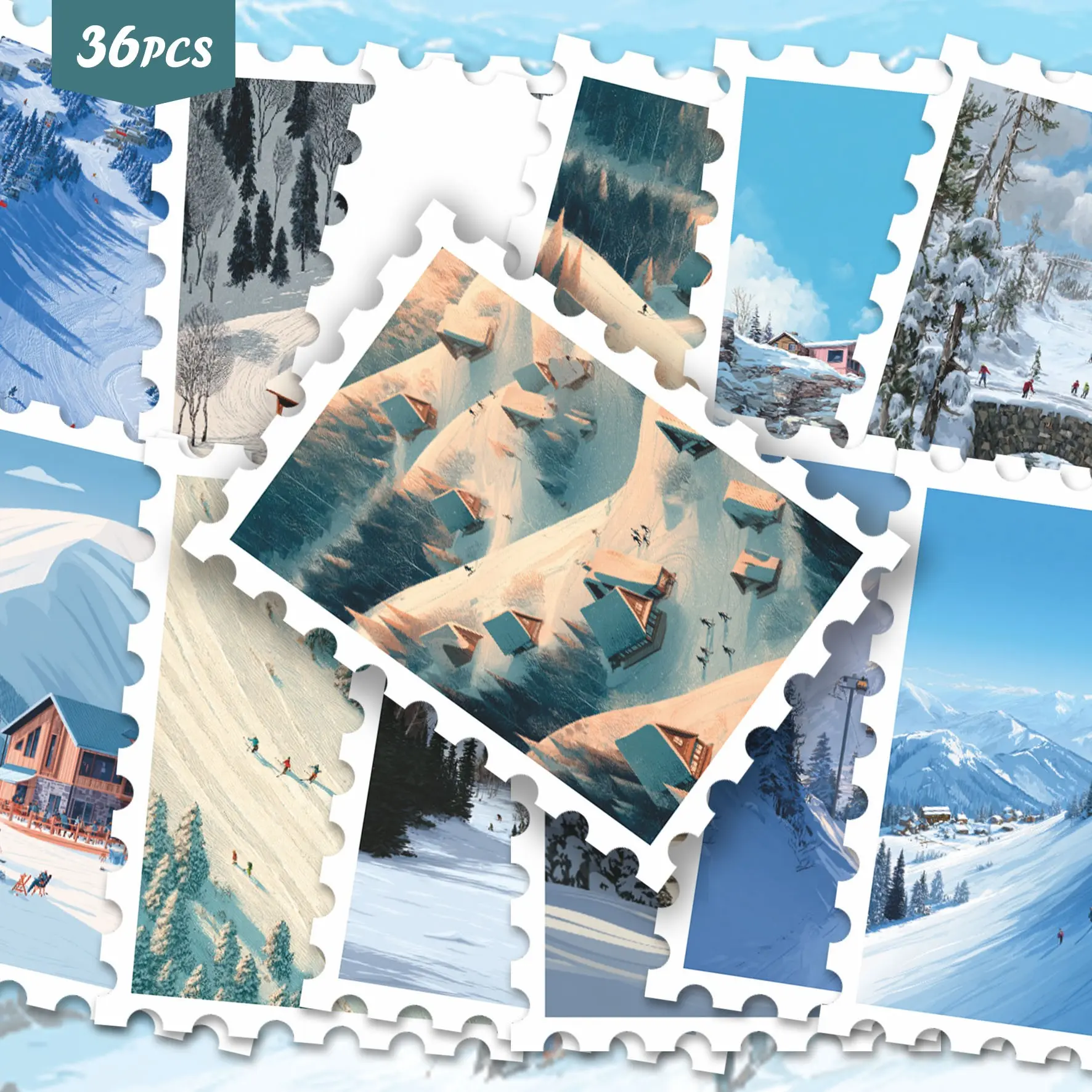 36pcs Winter Ski Resort Alpine Village Stickers Pack | Cool Tone Snow Mountain Cabin Ski Slope Pine Forest Scenery Art Graphics | Vinyl for Journaling, Scrapbooking & Decor