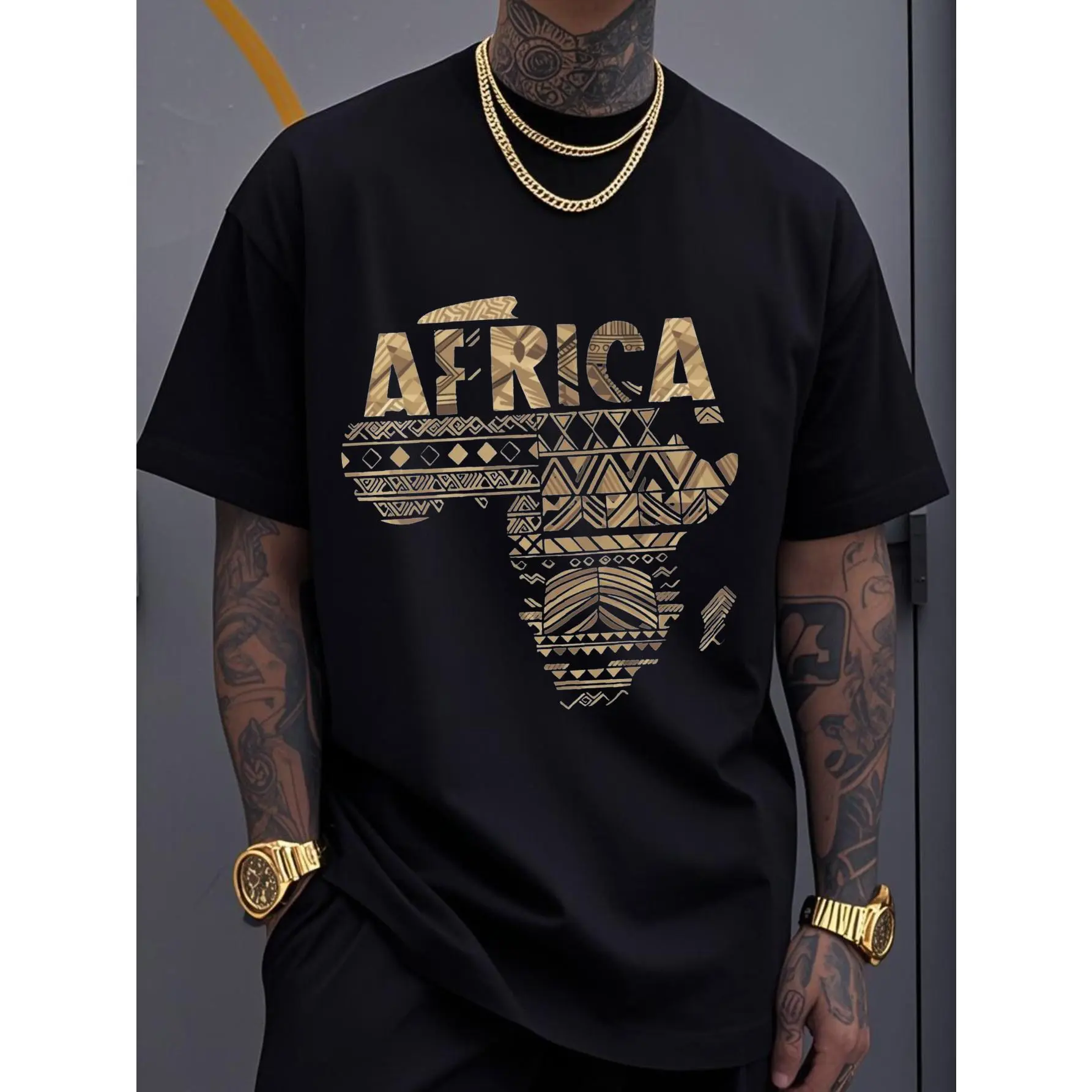 Men's Geometric African Print T-Shirt, Stylish Round Neck Shortsleeve Top in a Cotton Stretch Fabric for Casual Menswear, Clothes, Cotton Fabric, Classic Crew, Geometric Print, Regular Fit, Tribal Graphic Men's Short-Sleeve T-Shirts, African Tribal, Print