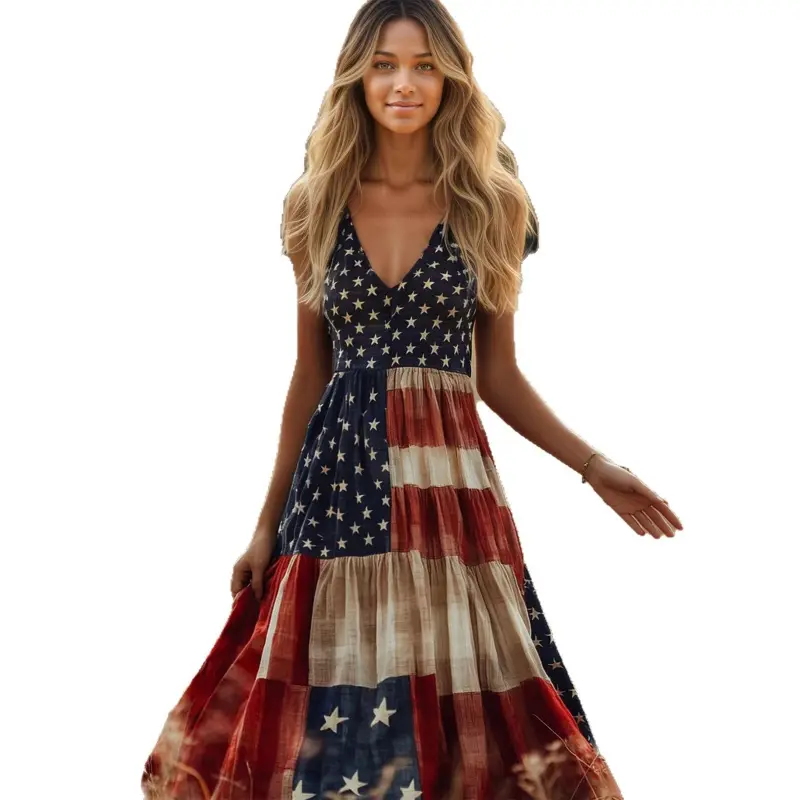 Women's Vintage Independence Day Patch Art Line Dress American Flag Floral Print Dresses Casual Polyester V-neck suspender Independence Day holiday style cake dress