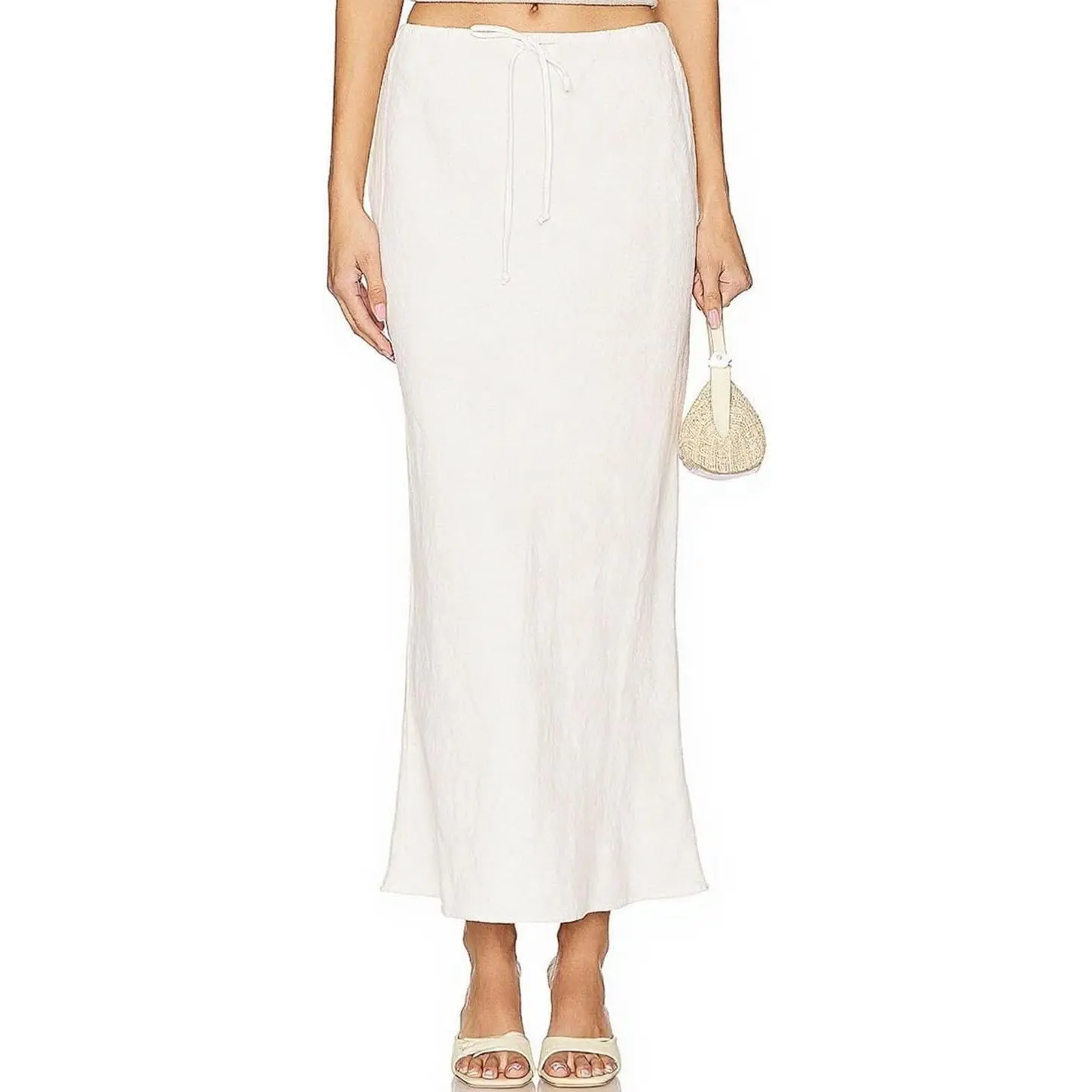 Women's White Linen Maxi Skirt with Lining and Drawstring, Flowy Flared Long Skirt(Gift)