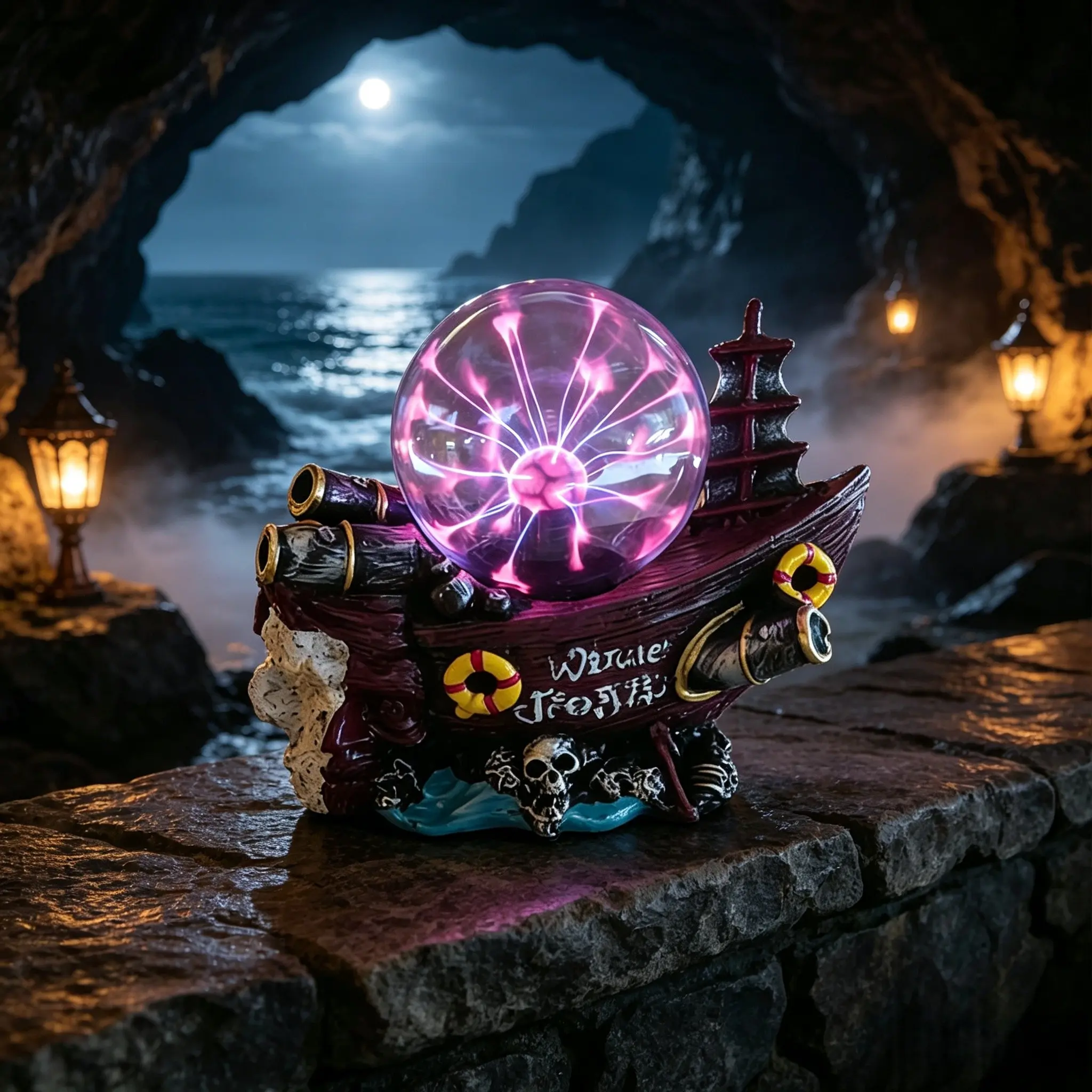 1pc Pirate Ship Pearl Night Light Resin Ornament, Touch Current Decorative Lamp, Halloween Pirate Ship Atmosphere Glow Ball Lamp