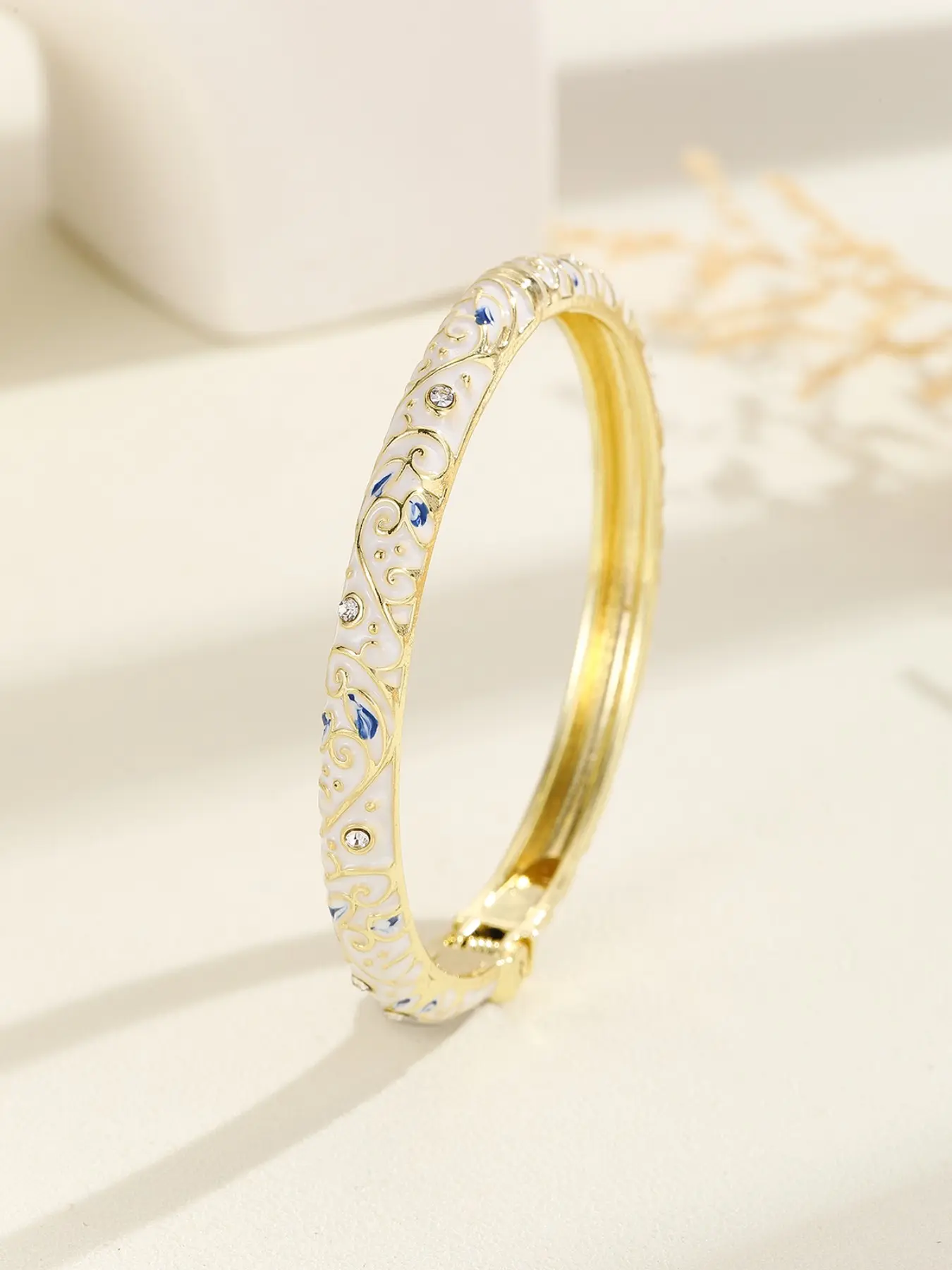 Cloisonné Style Hinged Enamel Open Cuff Bangle for Women, Gold Plated Cloud Pattern Cuff with Sparkling Rhinestones, Elegant Colorful Wrist Jewelry Gift