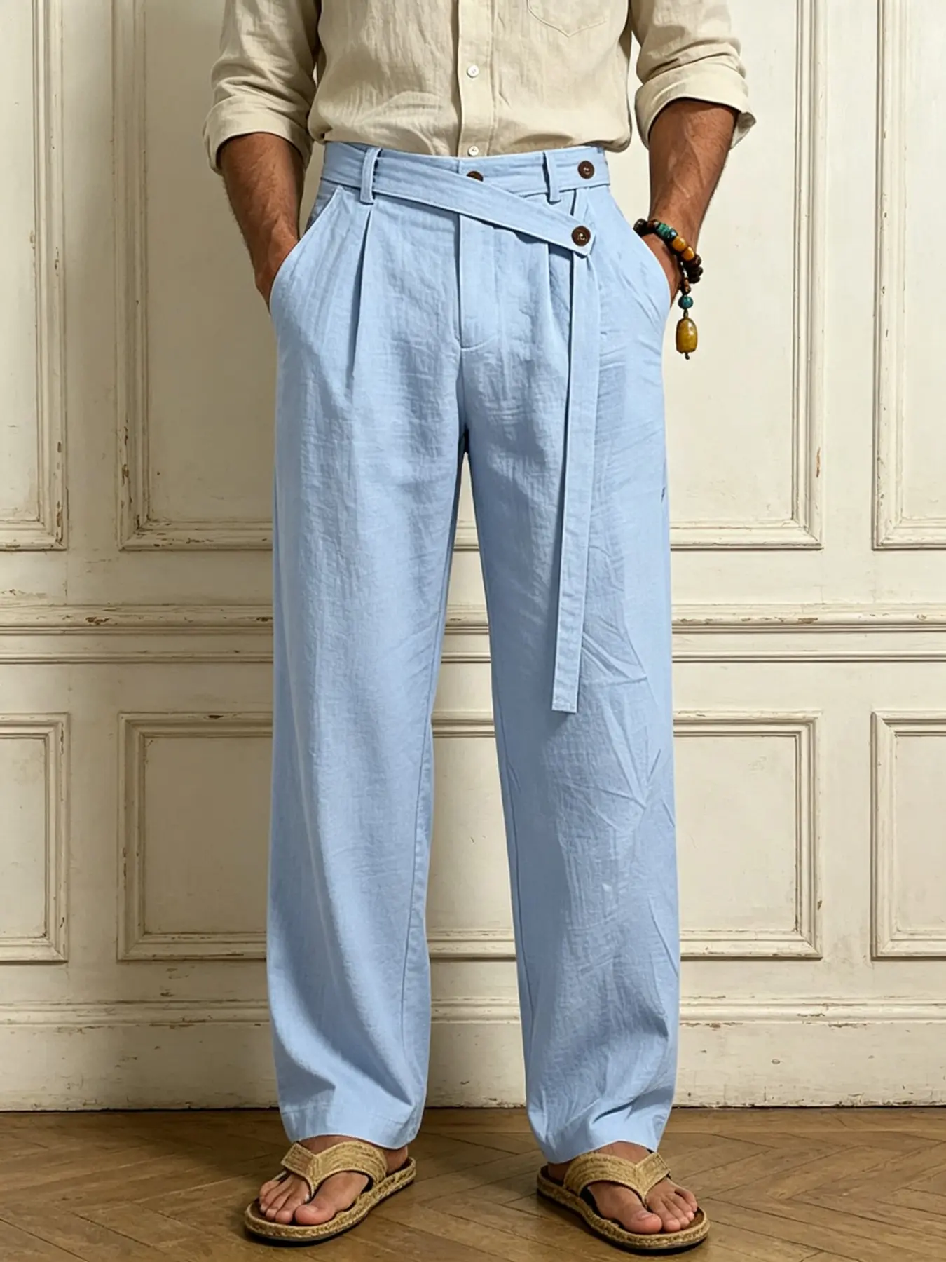 Men's Linen Wide Leg Straight Button Fly Trousers, Lightweight Breathable Draped Design Solid Color Casual Pants, Available in 6 Colors & Multiple Sizes, Draped Loose Fit Four-Season Dress Pants Versatile Menswear for Vacation, Commute & Home Daily Wear