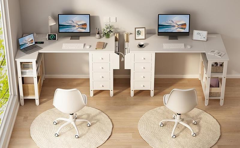 Lufeiya White L Shaped Computer Desk with Drawers & Storage Shelves, 47 Inch Corner Desk with Power Outlet,  Modern Vanity Table Furniture Sets Table  Ideal for Home Office & Bedroom Use