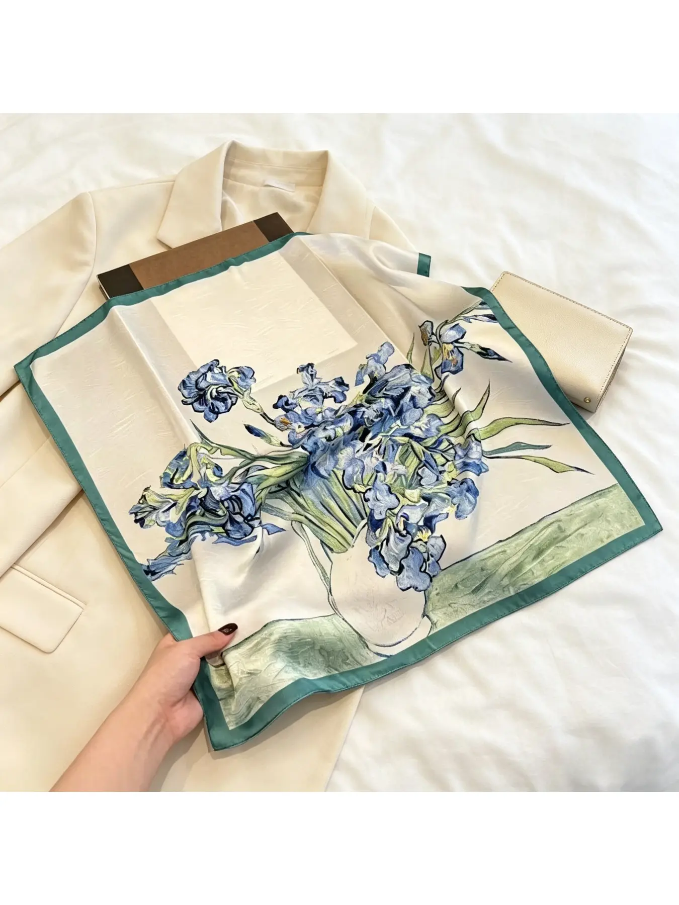 A non-elastic scarf, Van Gogh iris flower printed square-neck scarf, a soft, natural, breathable shawl that is perfect for all occasions, a versatile and fashionable accessory, an ideal Mother's Day gift, suitable for commuting, traveling, and outdoor act