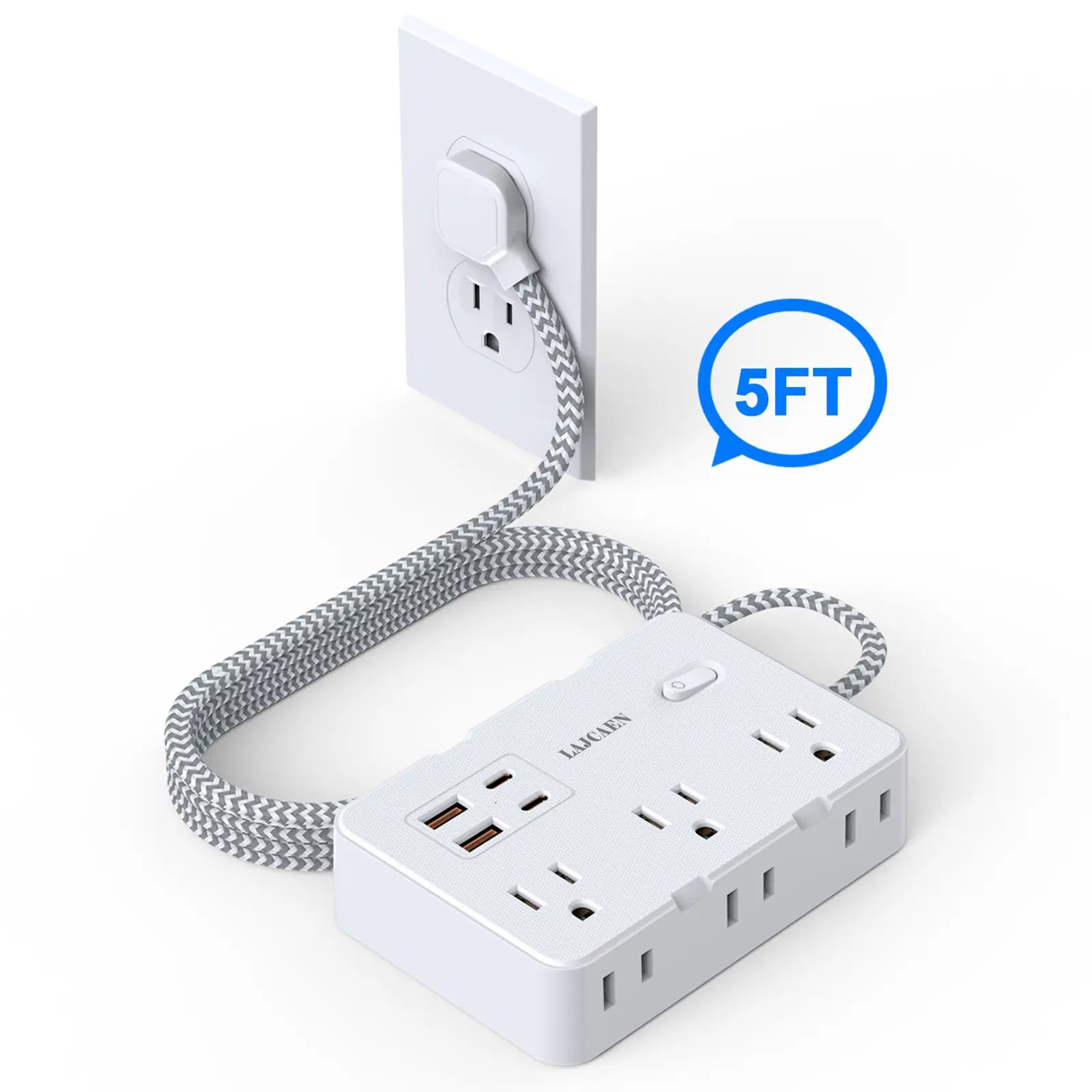 Power Strip with  Ultra-Thin 5FT Braided Extension Cord, 8 Wide‑Spaced Non‑Blocking AC Outlets, 2 USB‑A & 2 USB‑C Charging Ports, 1050J,Desktop Surge Protector with On‑Off Switch for Home Office Dorm Room USB Type C