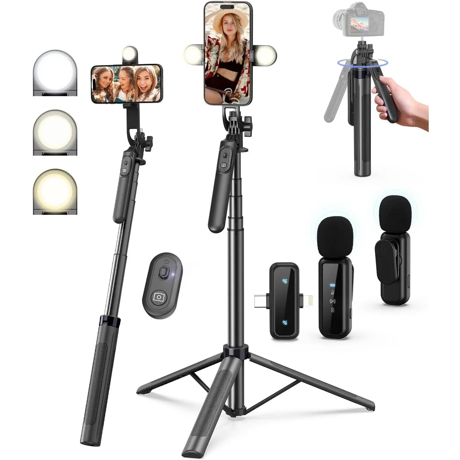 Vlogging Kit for iPhone/Android, 71" Selfie Stick Tripod for iPhone with Light, Wireless Remote & Microphone, Adjustable Phone Tripod for TikTok/YouTube Starter Content Creator Essentials Kit